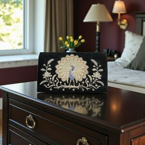 Vintage Baboo Mull & Co India Velvet Silk Beaded Peacock Black Clutch Purse